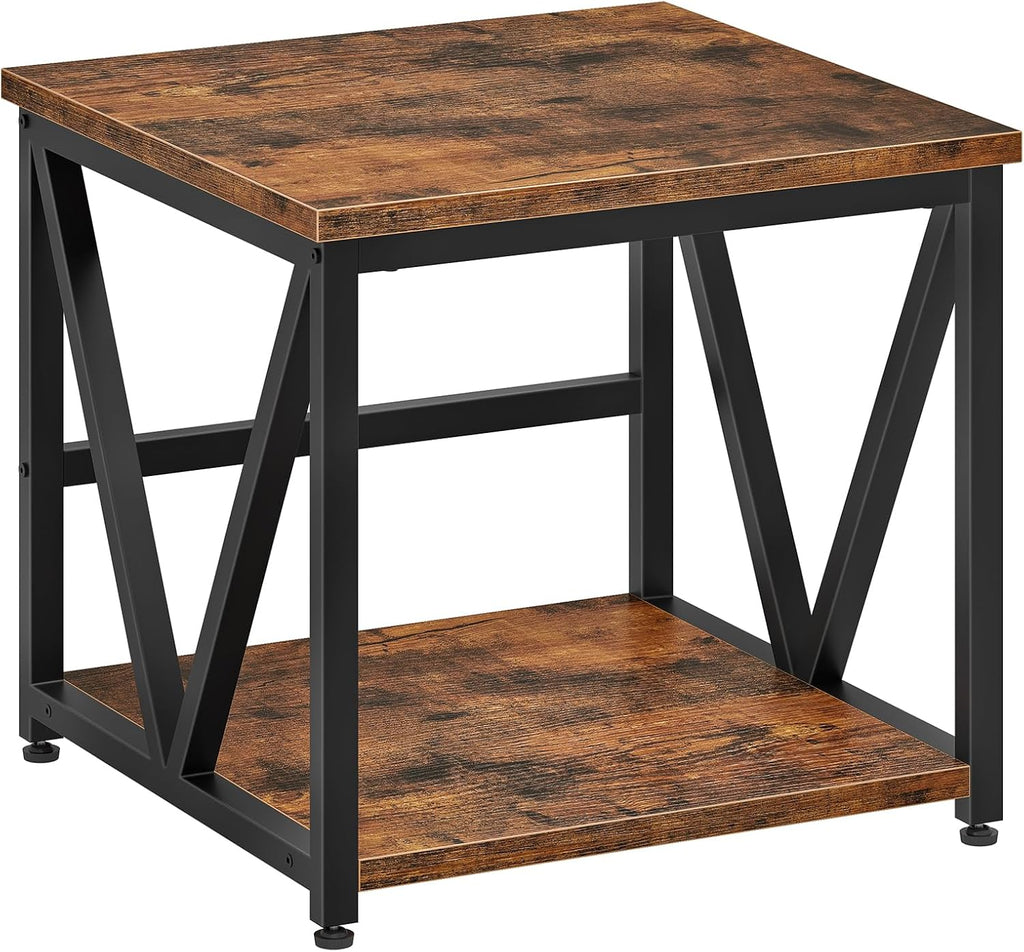 HOOBRO Mini Fridge Stand with 2-Tier Storage Shelf, 19.7” Square End Table, Mini Fridge Table with Wheels and Adjustable Feet, Sturdy Metal Frame for Living Room, Bedroom, Rustic Brown BF01BX01