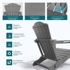 THOEOE Folding Adirondack Chair,HDPE All-Weather Outdoor Chair with Cup Holder,Wooden Textured,Fire Pit Chair,Plastic Patio Chair for Deck,Backyard,Garden,Lawn, Grey