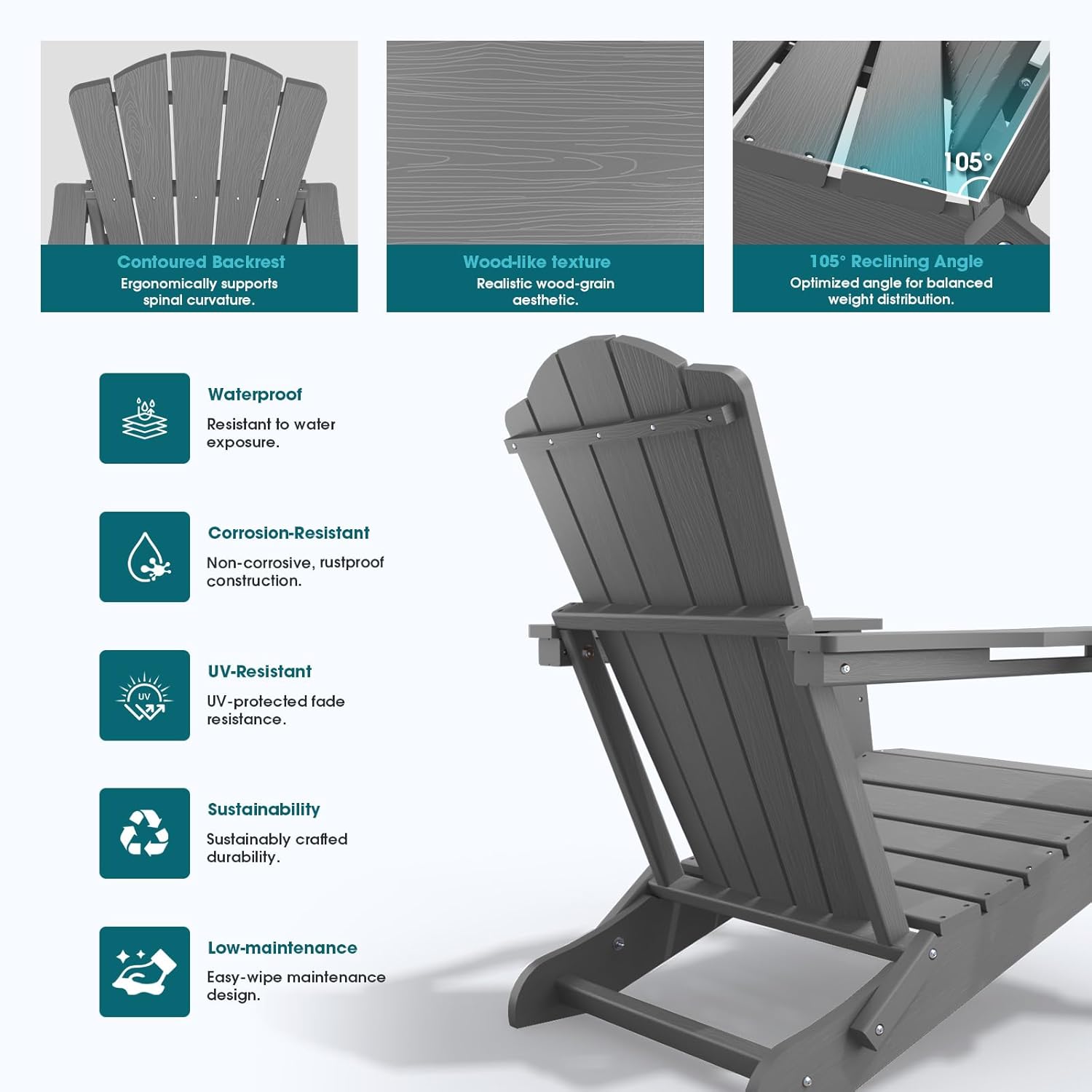 THOEOE Folding Adirondack Chair,HDPE All-Weather Outdoor Chair with Cup Holder,Wooden Textured,Fire Pit Chair,Plastic Patio Chair for Deck,Backyard,Garden,Lawn, Grey