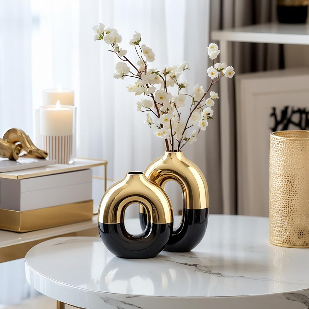 Black and Gold Ceramic Vase Set Home Decor,Round Donut Vase for Pampas Grass for Shelf Decor Home,Nordic Modern Oval for Bookshelf,FireplaceMantle,Centerpieces,Farmhouse,Rustic Décor