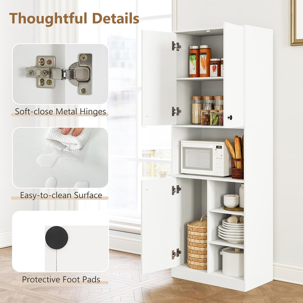 TANGZON Tall Kitchen Cupboard, 3-door Storage Cabinet with Countertop, Open Shelves & Anti-tipping Device, Freestanding Pantry Cupboard Kitchen Units for Dining Room Living Room, White