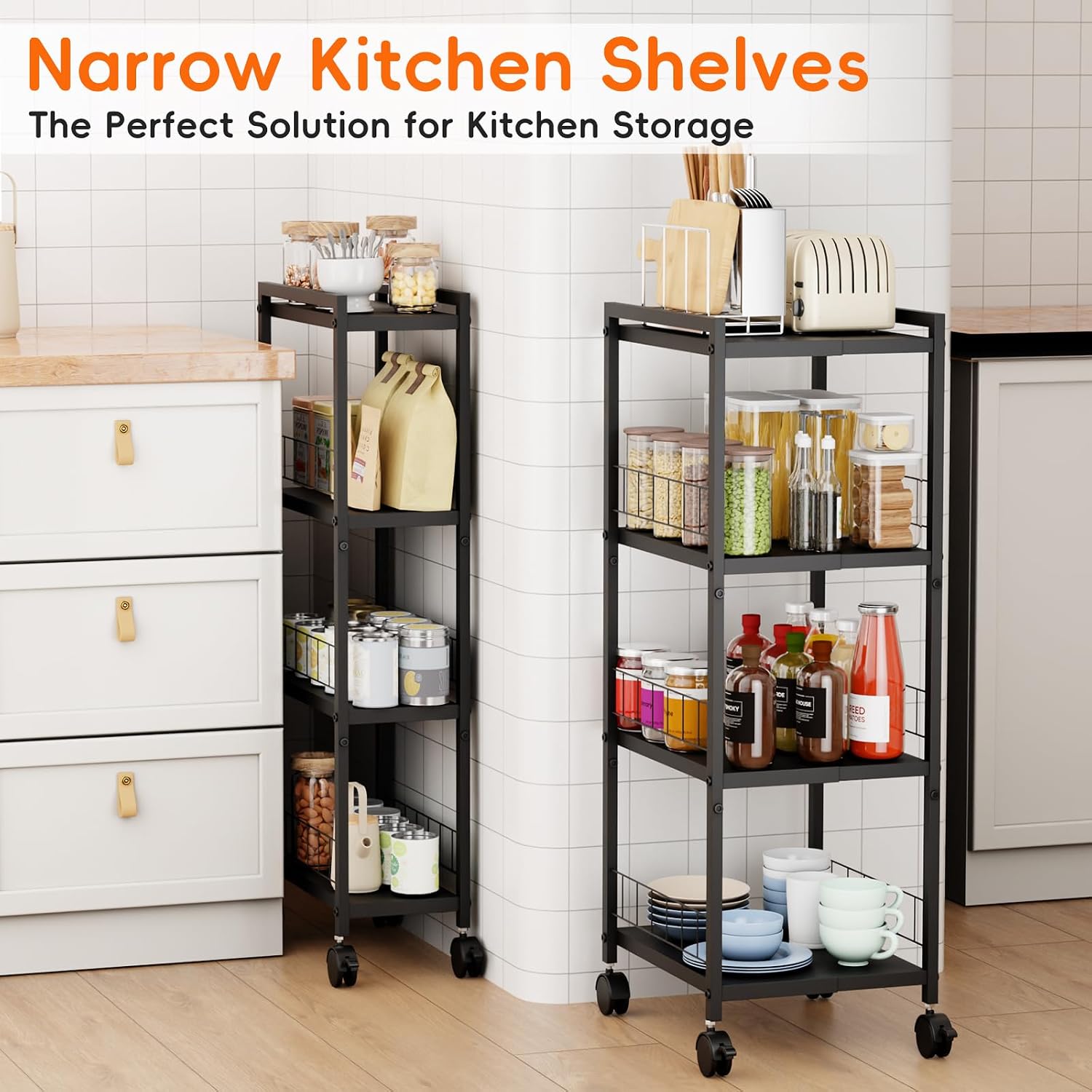 Expandable Slim Storage Cart with Wheels, 4 Tier Narrow Metal Rolling Utility Cart Organizer Adjustable Open Floor Shelving Unit for Small Spaces Bathroom Laundry Room Kitchen