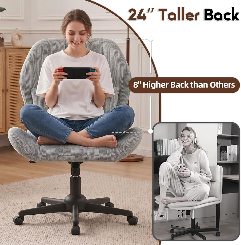Criss Cross Chair with Wheels, Wide Cross Legged Chair with Lumbar Pillow & High Back, High-Density Foam Seat, Wing-Shaped Design for Home Office Desk Vanity Gray