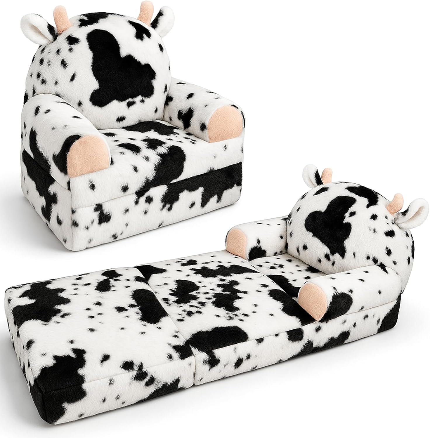 QIUODO Toddler Chair with Faux Rabbit Fur – 2-in-1 Foldable Kids Couch, Soft Sofa for Reading, Bedroom or Playroom Use, Ages 1-3（Cow）