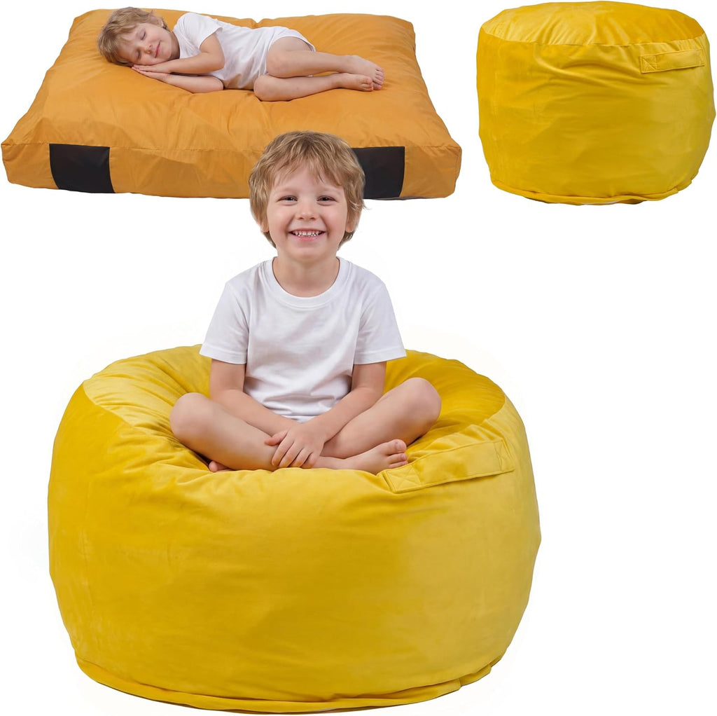 Bean Bag Chair and Sensory Crash Pad for Kids, Convertible Beanbag Folds from Lazy Chair to Floor Sensory Crash Pad, Children Lazy Sofa Chairs with Memory Foam Filling, Machine Washable, Yellow