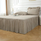 Silnuo Taupe/White Plaid Bed Skirt Washed Cotton Shabby Gingham Checkered Dust Ruffle King Size 14" Bedding(1 Bed Skirt Only)