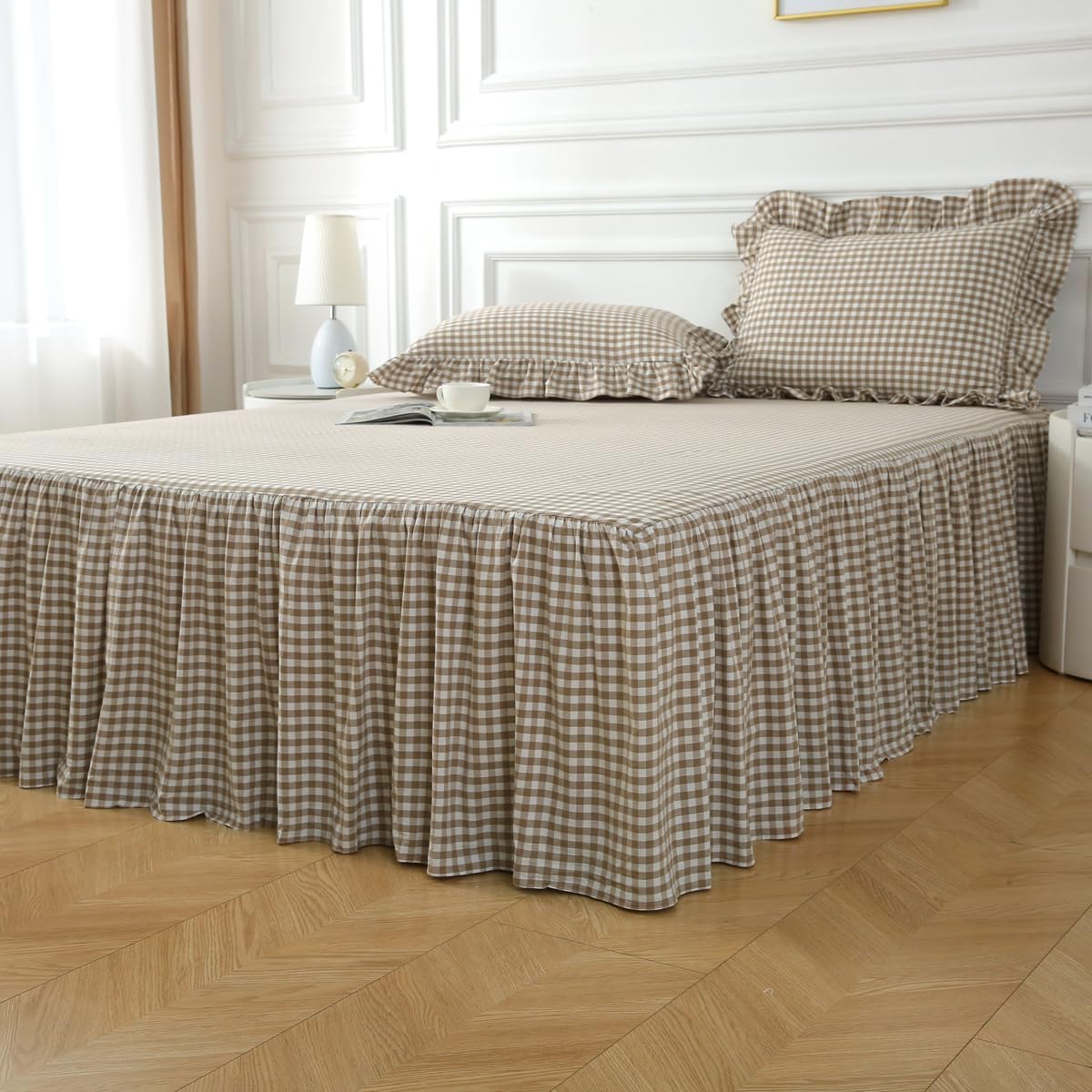 Silnuo Taupe/White Plaid Bed Skirt Washed Cotton Shabby Gingham Checkered Dust Ruffle King Size 14" Bedding(1 Bed Skirt Only)