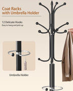 Metal Coat Rack with Natural Marble Base, Coat Rack Stand with 12 Hooks & Umbrella Holder, Black Modern Freestanging Coat Racks, Coat Jacket Hanger Tree Stand for Corner Entryway Office