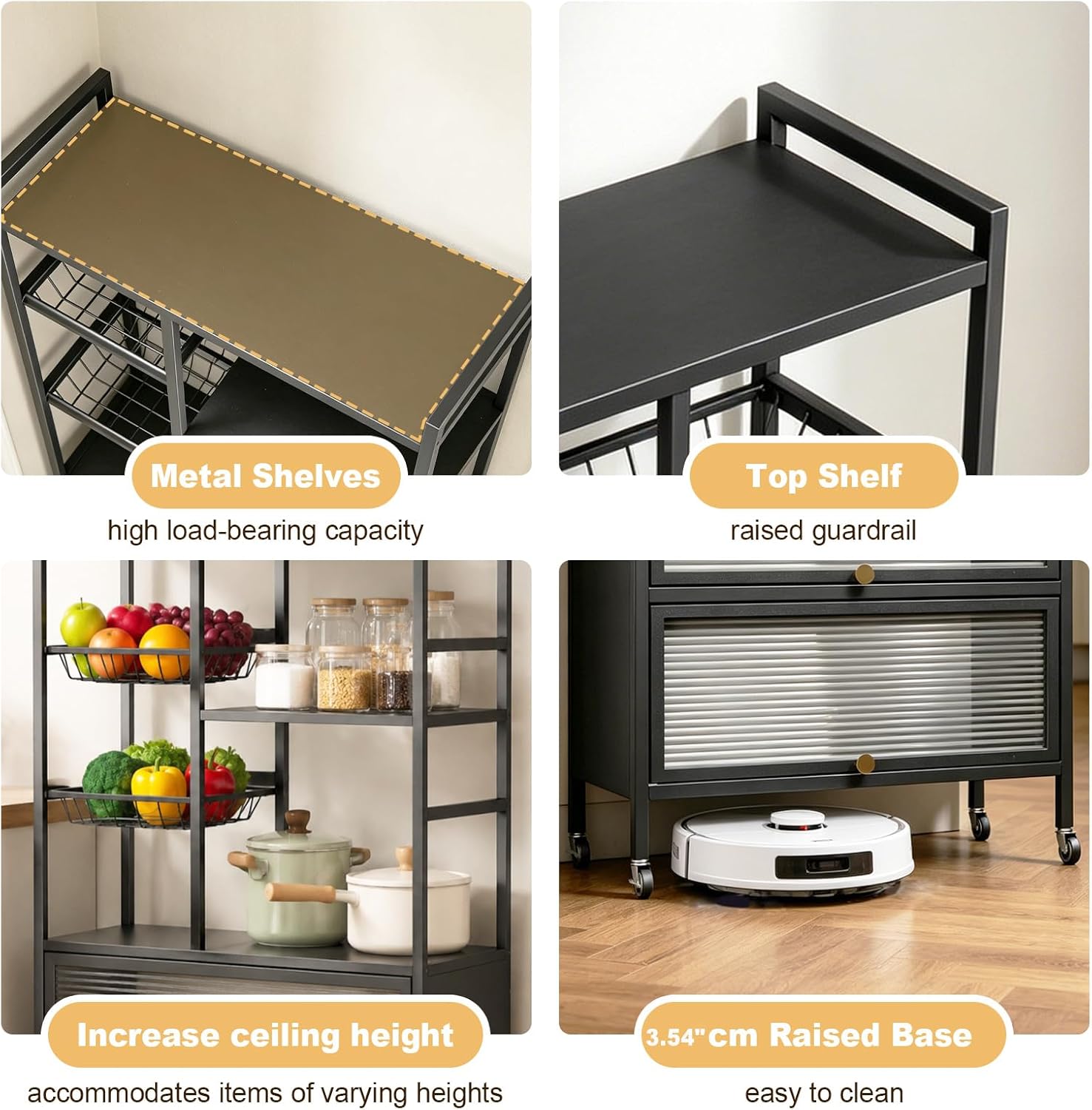 Kitchen Baker's Rack, Microwave Stand with Flip-up PC Doors, Freestanding Open Storage Shelves on Wheels, for Dining Room and Living Room, 31.4"x 12.6"x57.1"