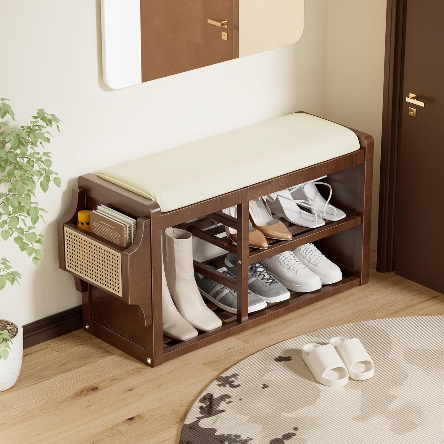 Solid Wood Shoe Bench with Leather Cushion, Shoe Storage Organizer with Side Holder, Shoe Rack Bench for Entryway, Hallway, Living Room, Mudroom, Holds Up to 600lb (Walnut, 31.5"Wx12.6"Dx18.9"H)