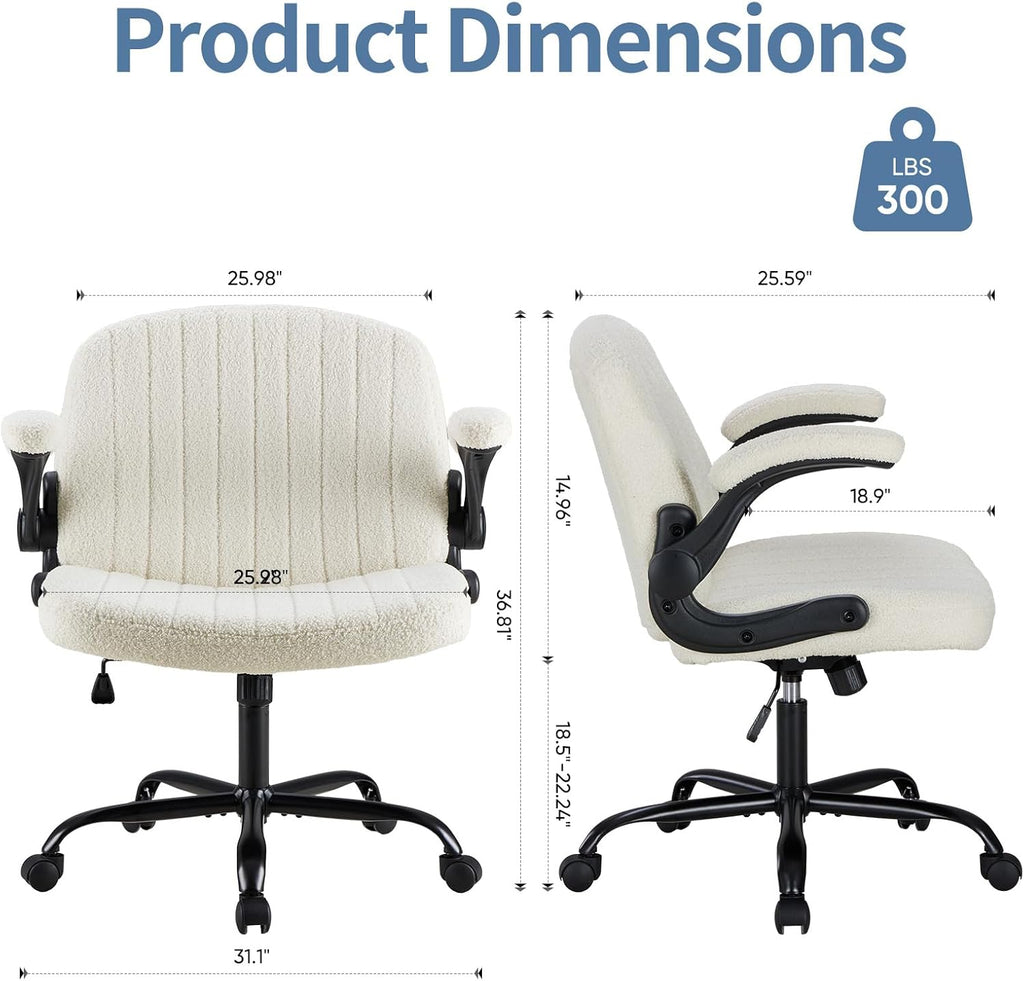 DUMOS Criss Cross Home Office Chair with Wheels, Wide Cross Legged Desk Vanity Chair Comfy Fabric Flip-Up Armrests Adjustable Swivel Chairs for Home Computer Bedroom, Creamy White