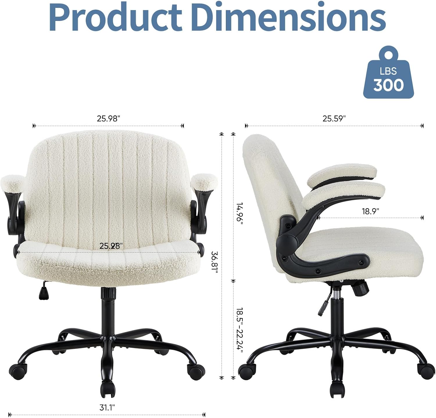 DUMOS Criss Cross Home Office Chair with Wheels, Wide Cross Legged Desk Vanity Chair Comfy Fabric Flip-Up Armrests Adjustable Swivel Chairs for Home Computer Bedroom, Creamy White