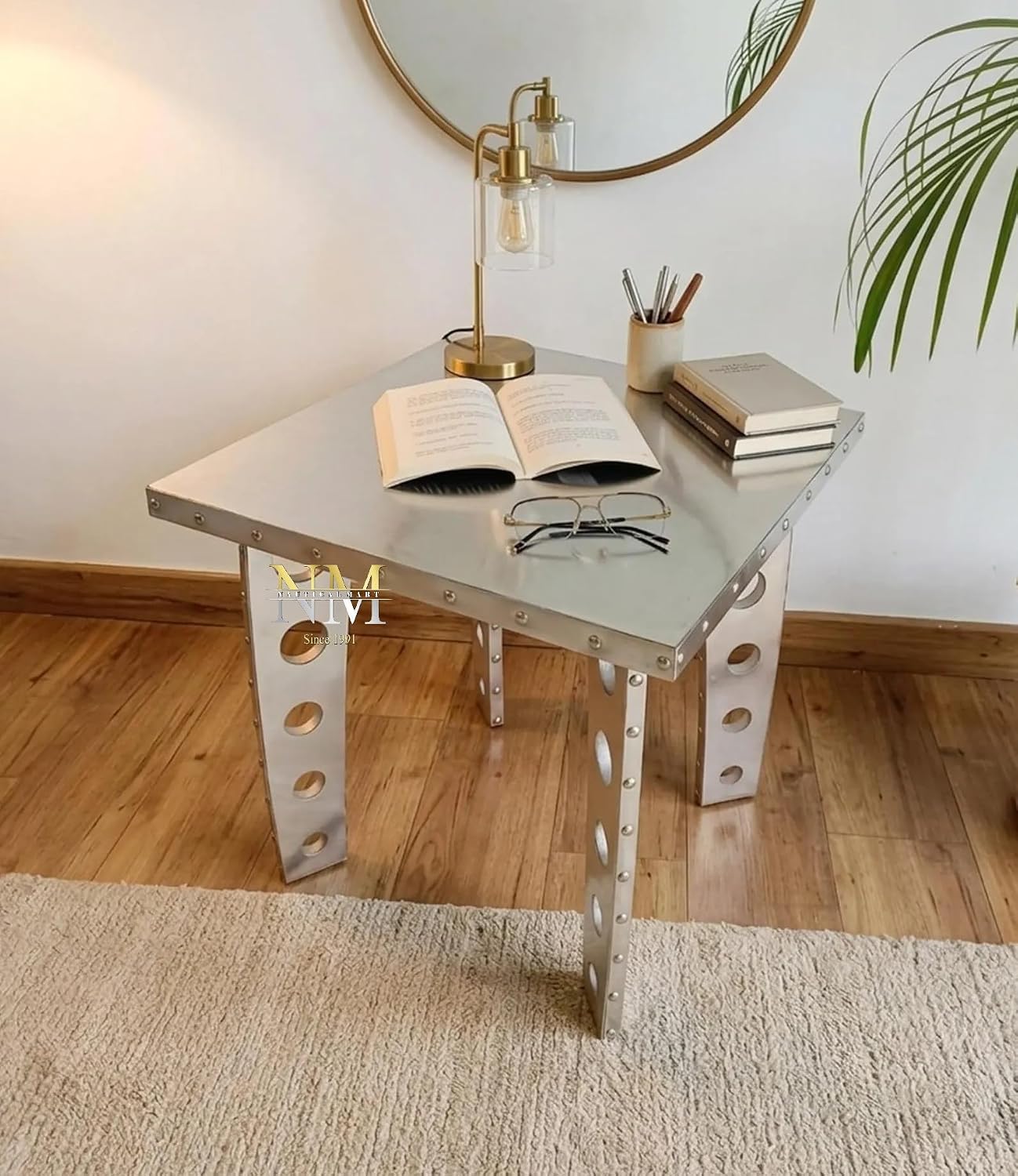 Handcrafted Aluminum Aviator Side Table- Square End Table with Retro Vintage Aircraft Style Coffee Table with Rivets and Cutout Legs Perfect for Living Room, Bedroom and Office Cafe and Rastaurants
