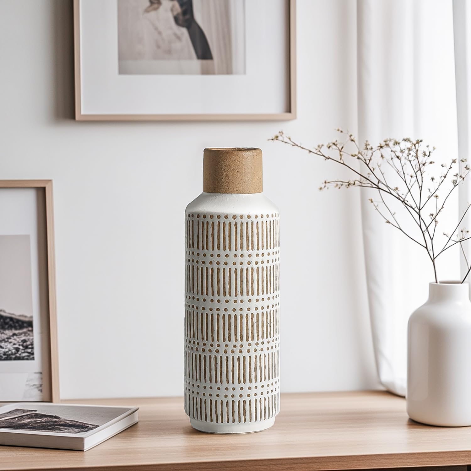 Rustic Ceramic Vase for Living Room Bedroom 11.02'' Farmhouse White Flower Vases for Bouquet Fake Plant Home Decor Office Table Shelf Fireplace Centerpieces Retro Vintage Classic Modern