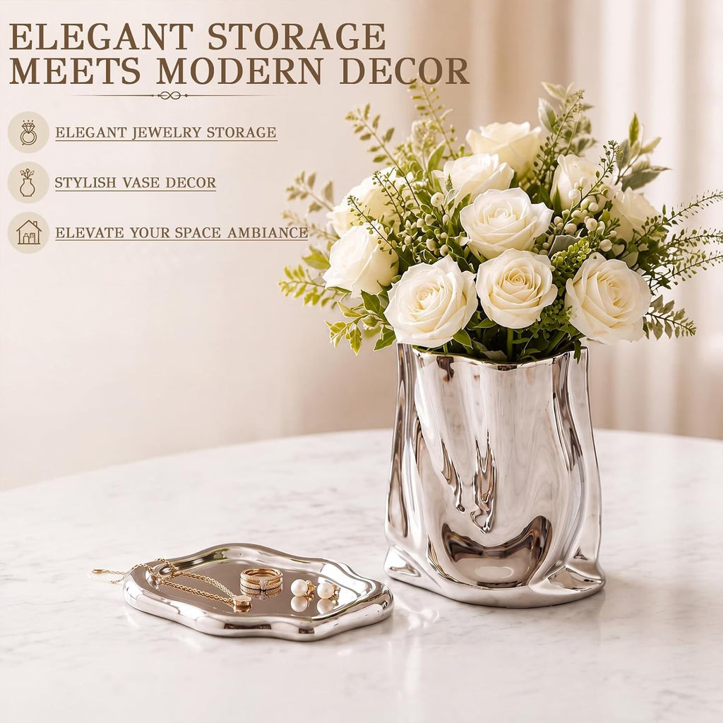 Silver Ceramic Flower Vase and Trinket Tray Set Crinkle Paper Shape Modern Decorative Vase and Cloud Jewelry Dish for Vanity Bedroom Living Room Chrome Home Decor Accents
