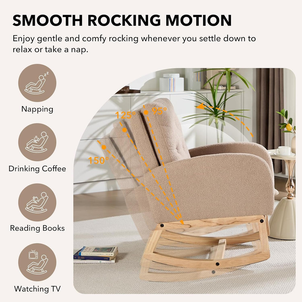 Nursery Rocking Chair, Teddy Upholstered Glider Rocker with Adjustable Footrest, Button Tufted Glider Recliner with Side Pocket & High Back, Accent Chair for Living Room (Brown Teddy)