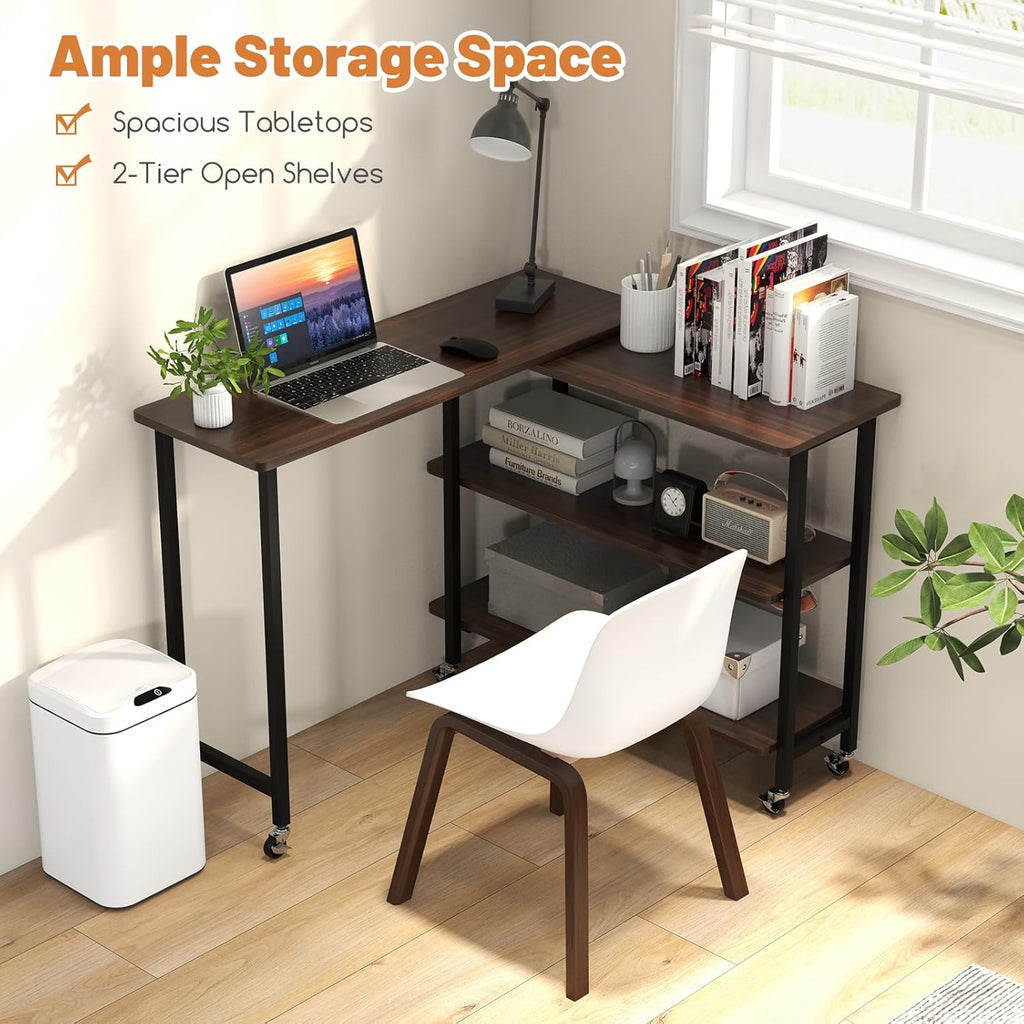 GOFLAME 360° Rotating Sofa Side Table, Mobile Couch Side End Table with 2-Tier Storage Shelves, Swivel Rolling Desk w/Metal Frame, 6 Casters, Movable Laptop Table for Home Office, Patented, Walnut