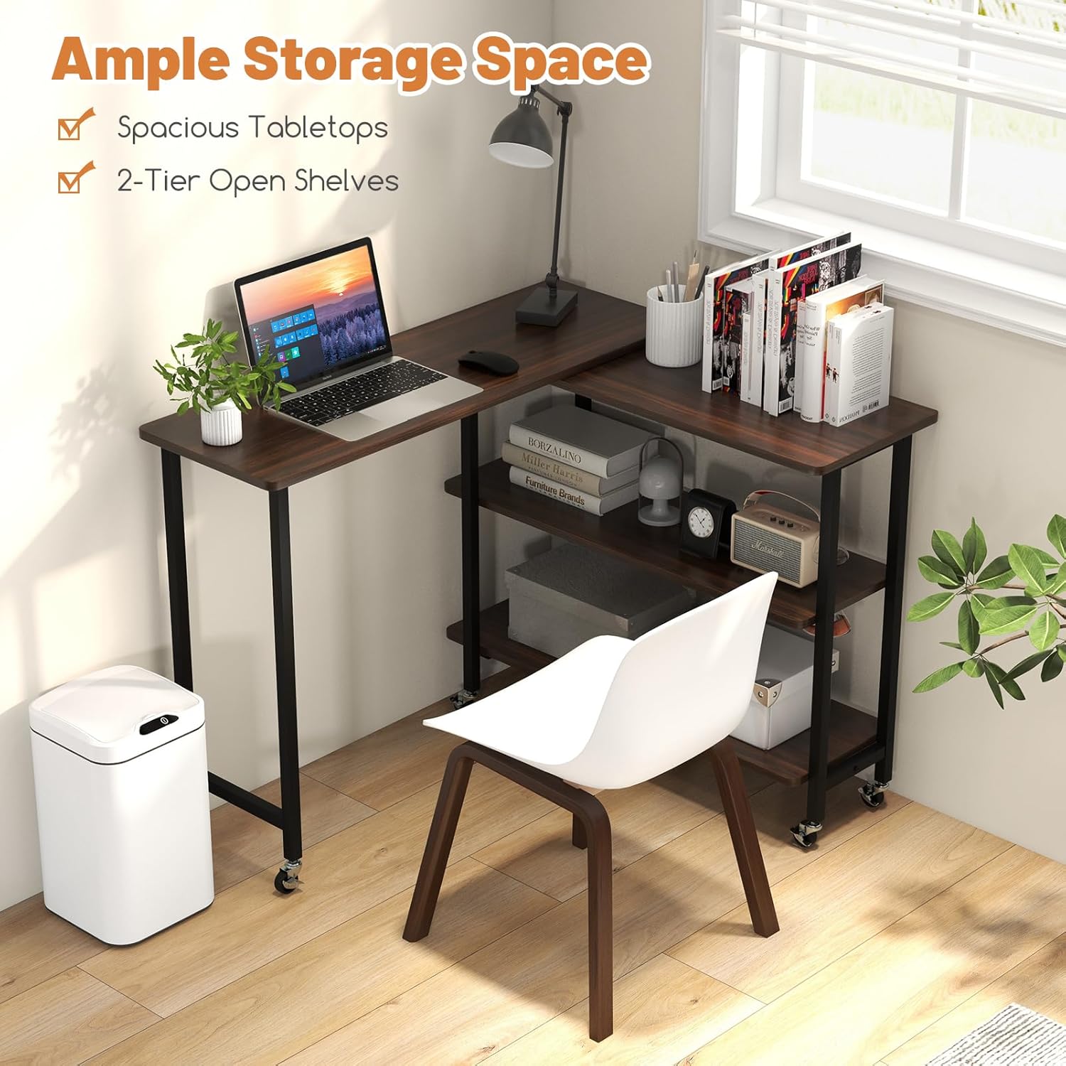 GOFLAME 360° Rotating Sofa Side Table, Mobile Couch Side End Table with 2-Tier Storage Shelves, Swivel Rolling Desk w/Metal Frame, 6 Casters, Movable Laptop Table for Home Office, Patented, Walnut