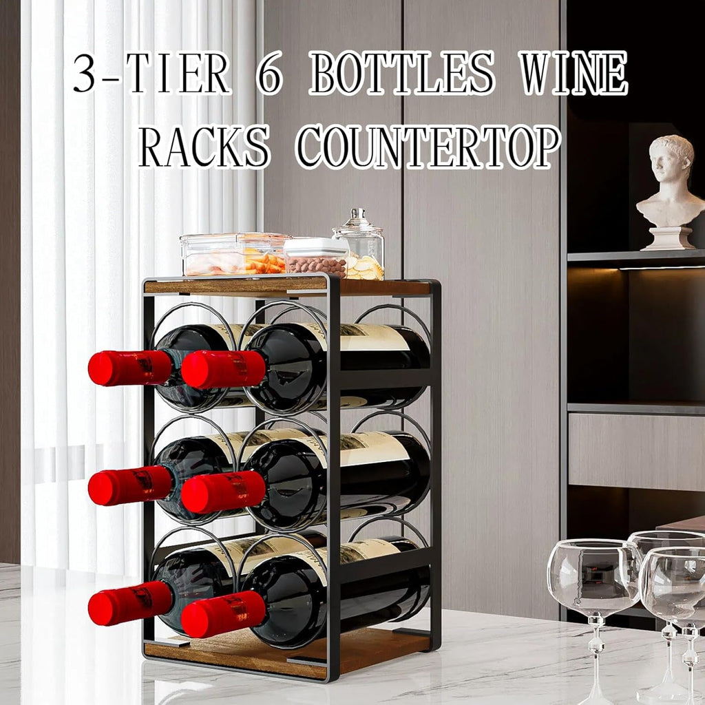 Wood Countertop Wine Rack No Need Assembly 6 Bottles Black + Rustic Brown