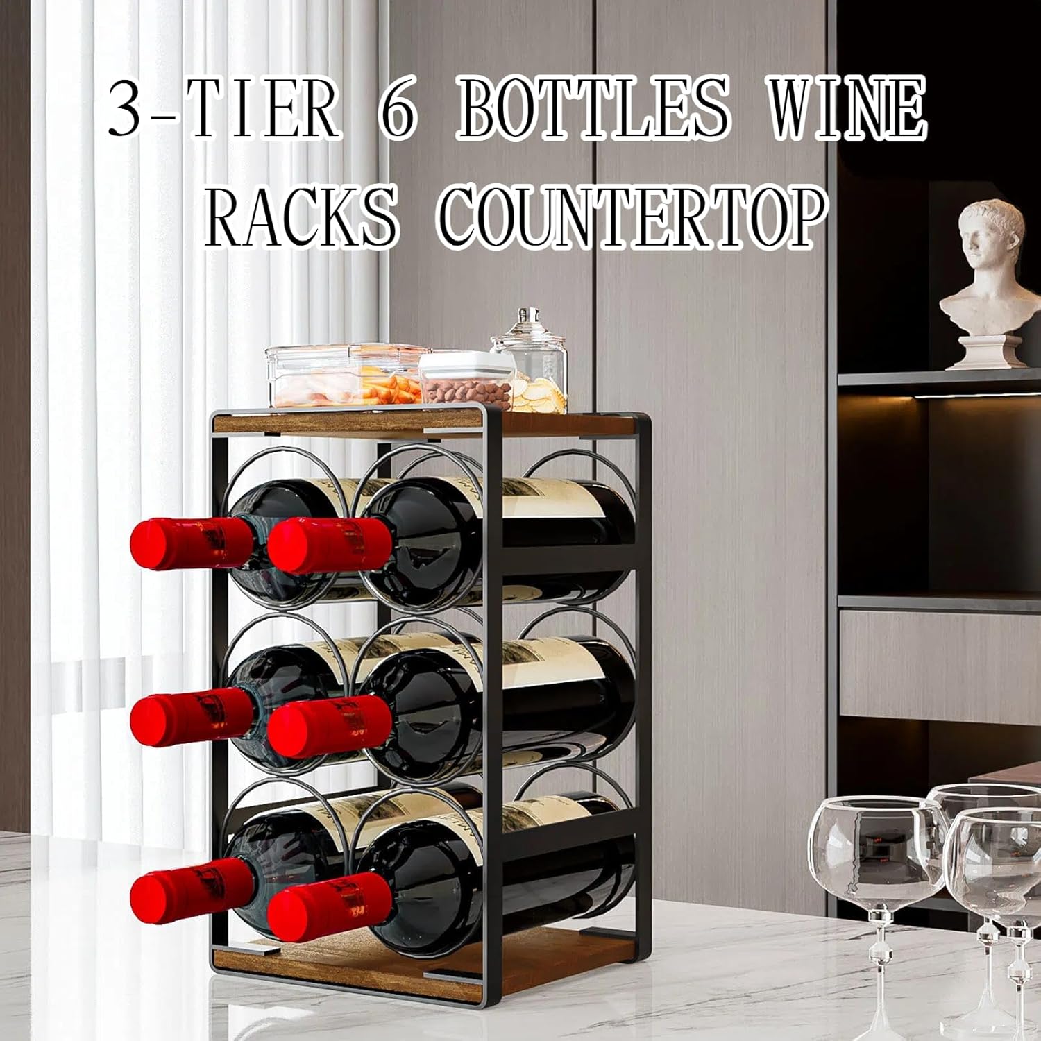 Wood Countertop Wine Rack No Need Assembly 6 Bottles Black + Rustic Brown