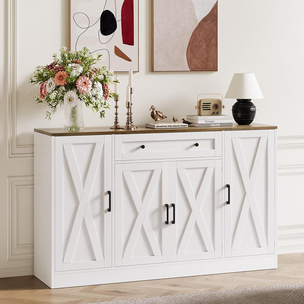 Buffet Cabinet with Storage, 55" Large Sideboard Storage Cabinet with Drawer, 4 Doors and Shelves, Modern Farmhouse Coffee Bar Table Kitchen Island Credenza for Kitchen, Entryway, Dining, Living Room