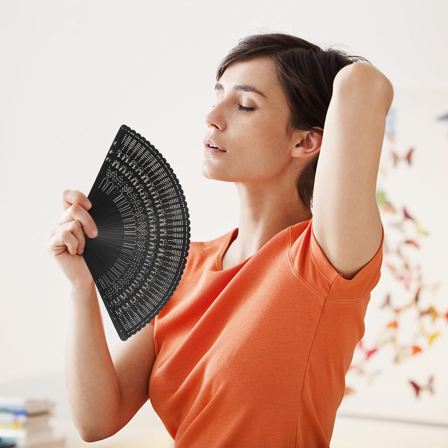 NUOBESTY Bamboo Folding Fan 12.5 Inch Vintage Hand Held Fan for Women Portable Foldable Hand for Summer Weddings Parties and Home Decoration (Black)