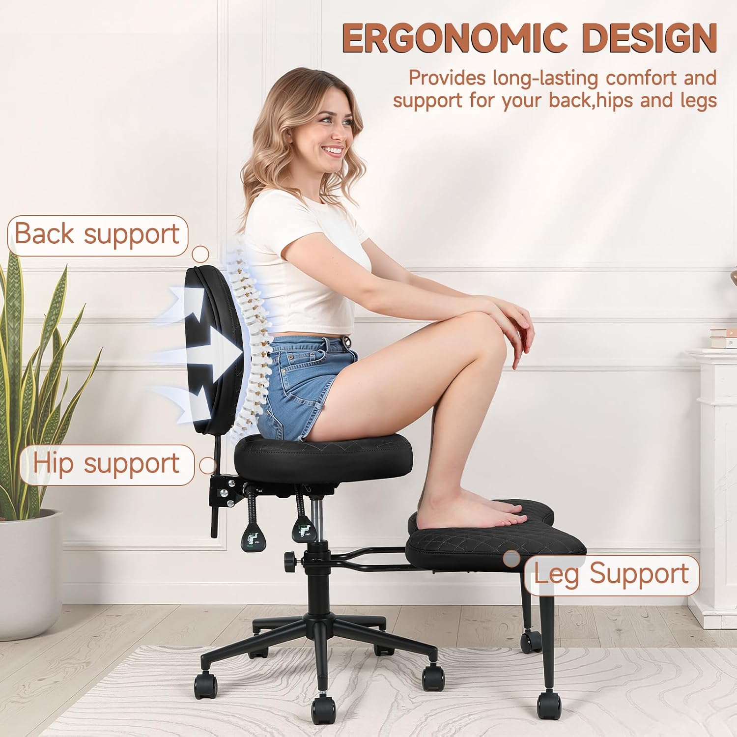 Criss Cross Office Chair with Wheels, Cross Legged Office Chair, Adjustable Height Kneeling Chair for Meditation Yoga Home Office with Backrest, 360° Rotating Footrest (Black)