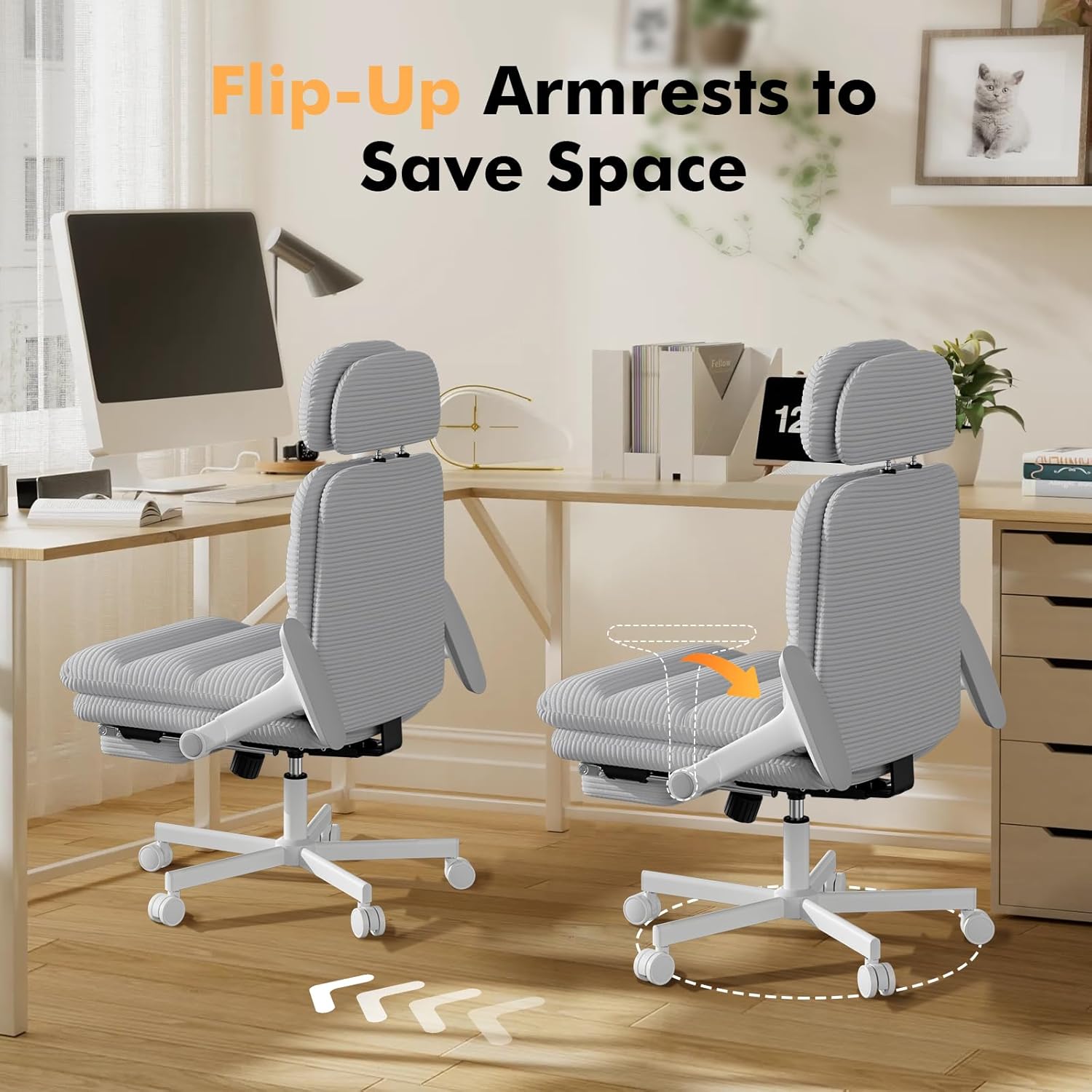GXJ Criss Cross Chair with Flip-up Arms, Executive Office Chair with Foot Rest, Cross Legged Office Chair G800 Plus, Extra Lumbar Pillow, Corduroy Comfy Computer Desk Chair for Home, Grey