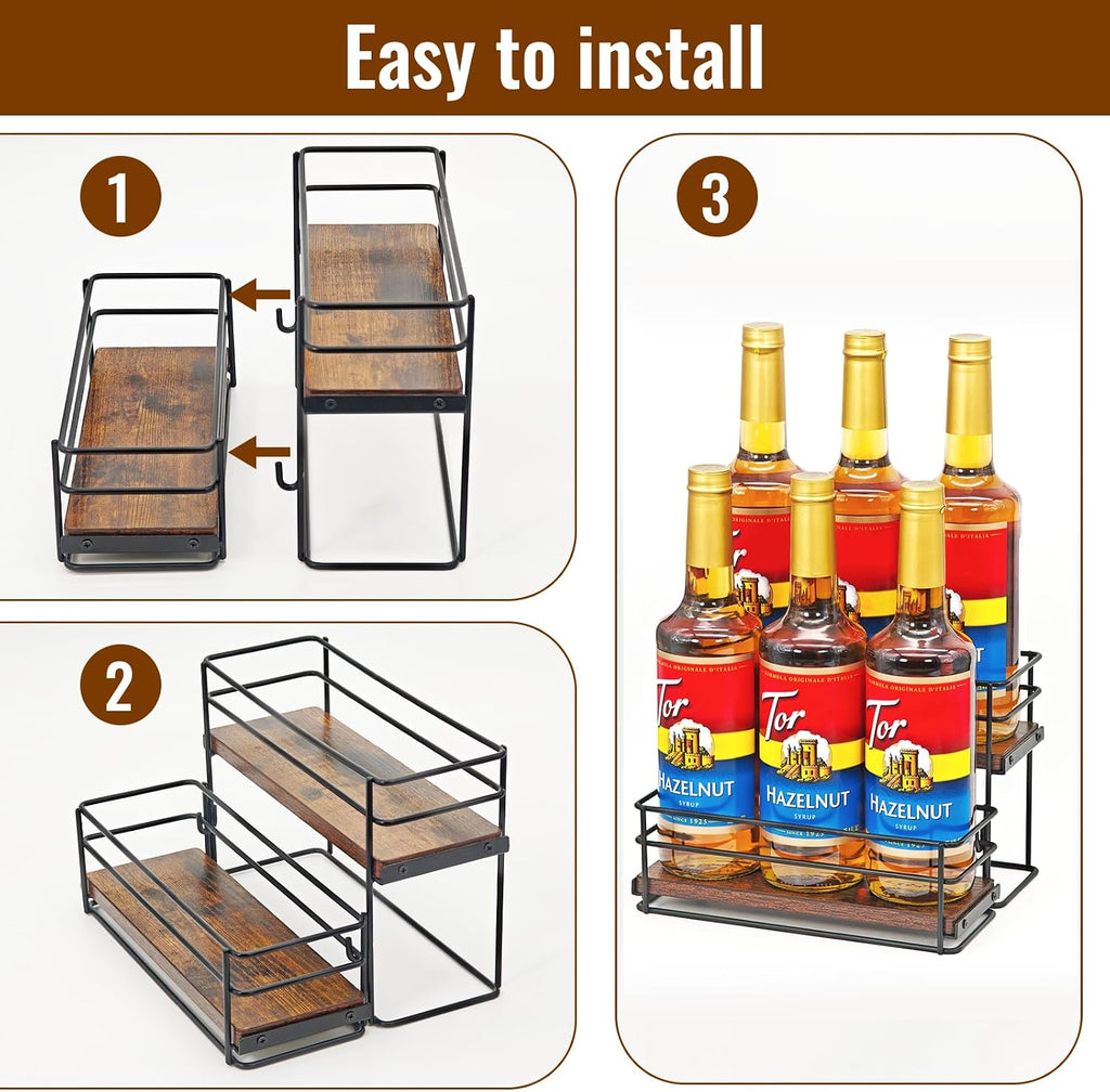 6 Bottle Coffee Syrup Rack Organizer 2 Tier Syrup Holder Stand for Coffee Bar Syrup Storage Shelves for Bar Family Storage Small Wine Rack for Syrup Wine Dressing