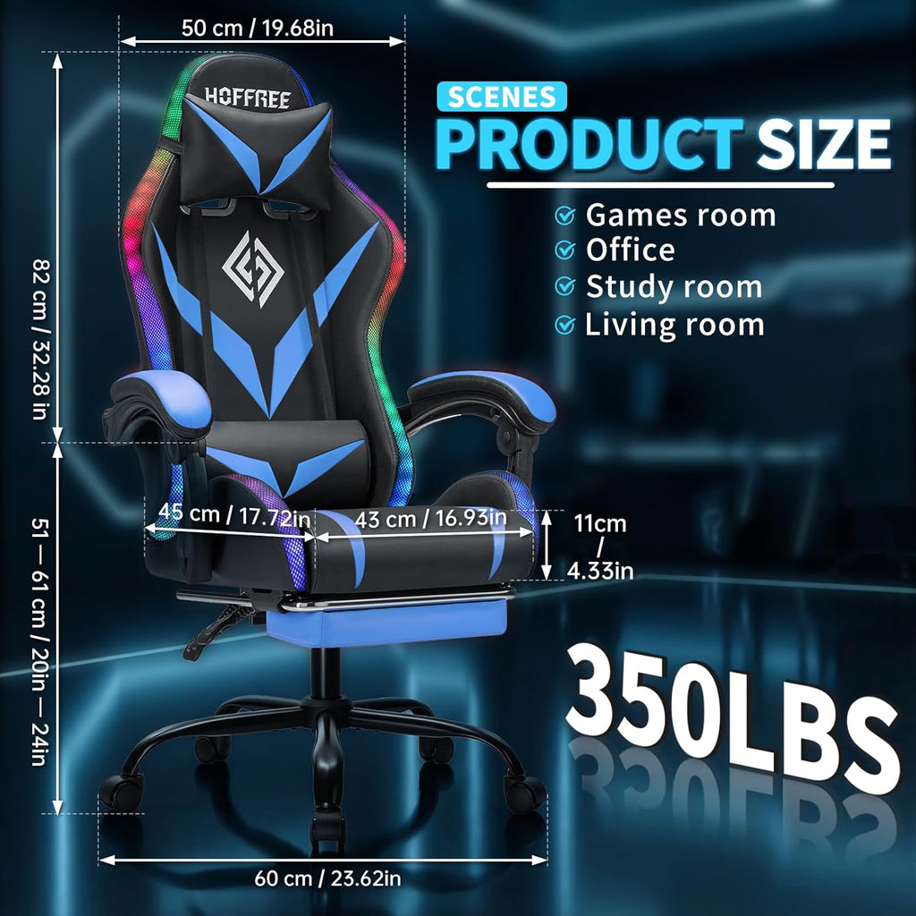 RGB Gaming Chair with Bluetooth Speakers and LED Lights Ergonomic Massage Computer Gaming Chair with Footrest Video Game Chair High Back with Lumbar Support Blue and Black
