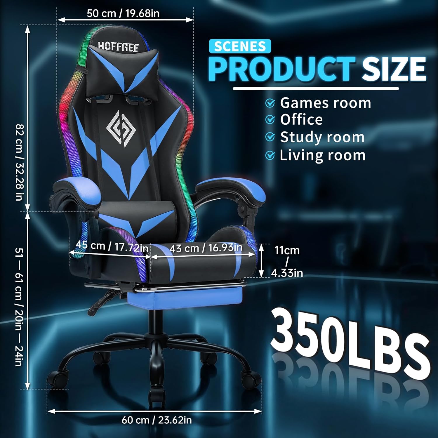 RGB Gaming Chair with Bluetooth Speakers and LED Lights Ergonomic Massage Computer Gaming Chair with Footrest Video Game Chair High Back with Lumbar Support Blue and Black