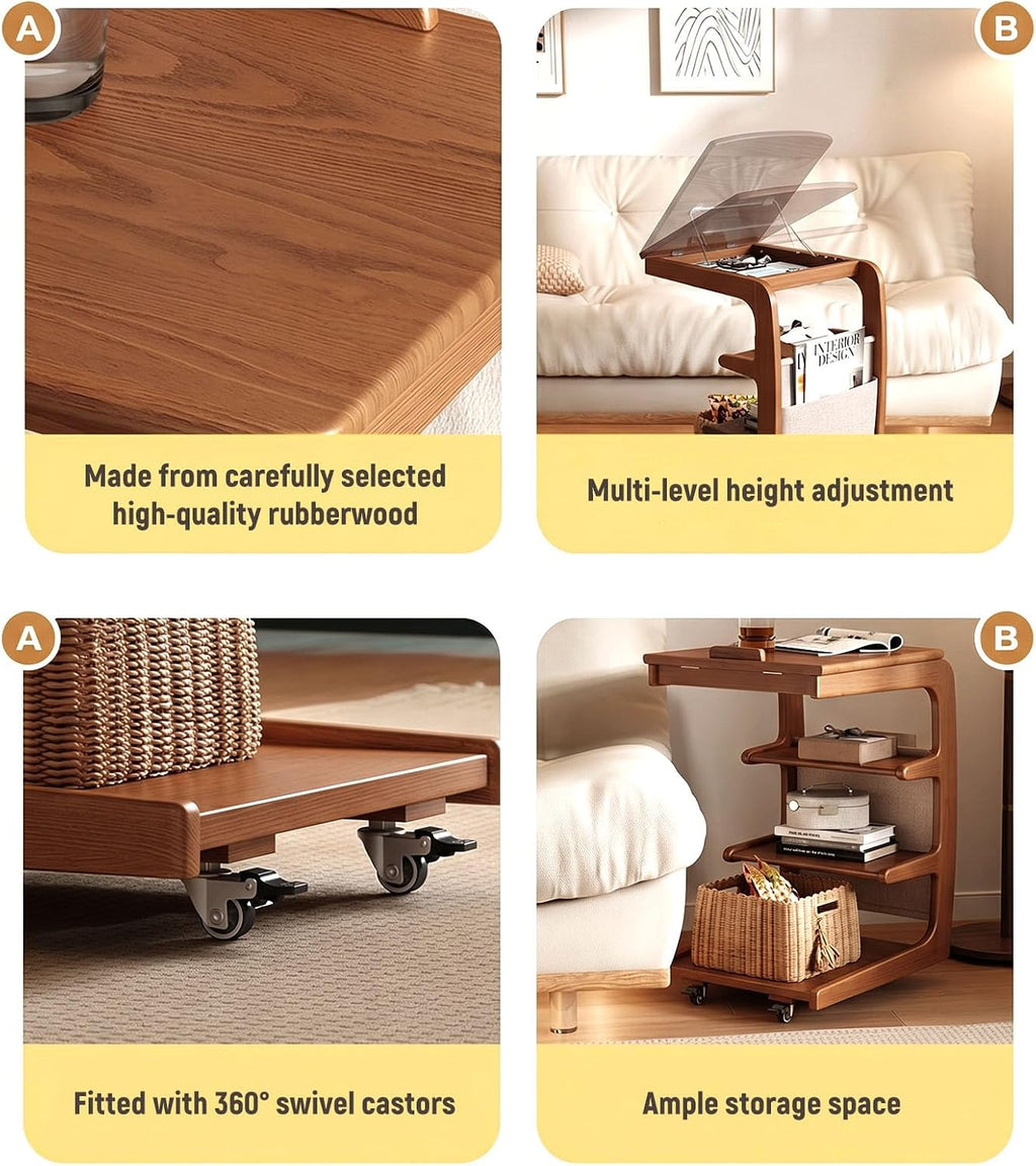 C-Shaped End Table with 2 Lockable Wheels 4-Tier Small Side Table with Storage Bag Adjustable Desktop 360 Degree Swivel TV Tray for Living Room Bedroom Use (Natural Wood Color 60CM)