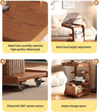C-Shaped End Table with 2 Lockable Wheels 4-Tier Small Side Table with Storage Bag Adjustable Desktop 360 Degree Swivel TV Tray for Living Room Bedroom Use (Natural Wood Color 60CM)