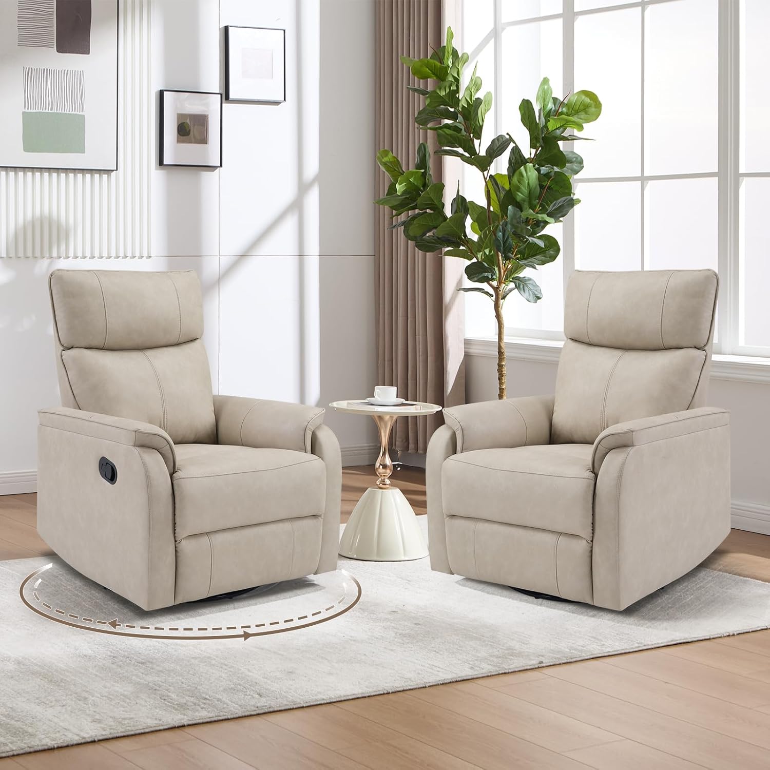 HAOMARKETS Swivel Rocker Recliner Chair Set of 2, Manual Faux Leather Glider Rocking Recliners for Adults, 360° Swivel Nursery Reclining Sofa with Padded Backrest for Living Room, Beige