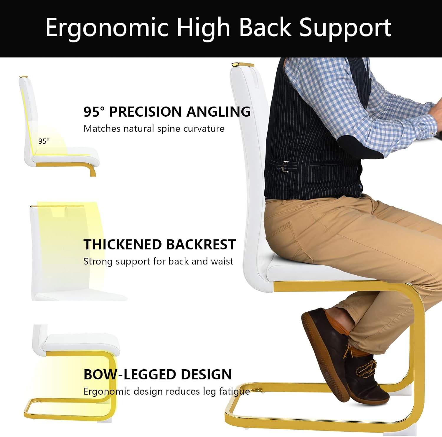 cinkehome Set of 6 Modern Dining Chairs, High Back PU Faux Leather Upholstered Armless Chair with Metal Legs for Kitchen Dining Room Living Room (White with Gold Legs)