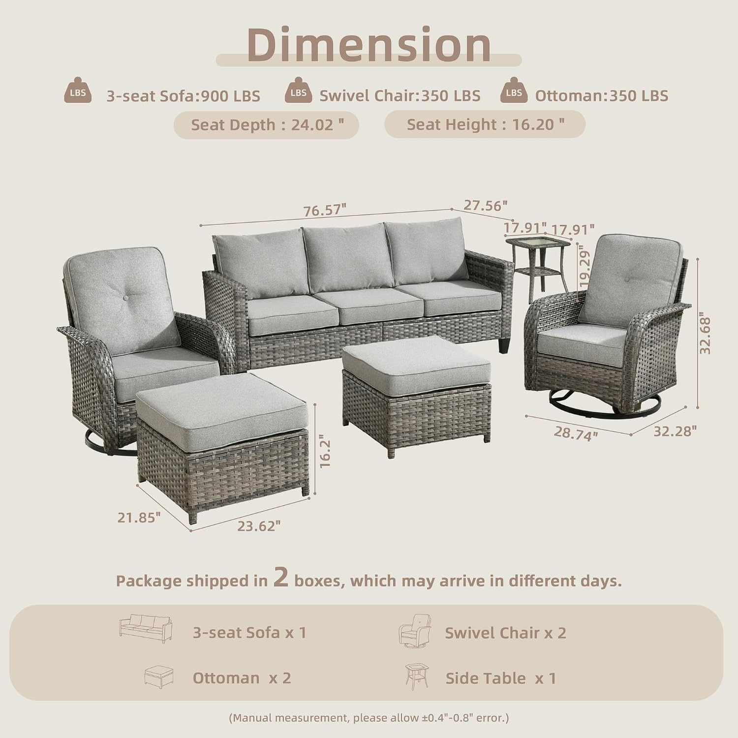 CAODOC 6 Pieces PE Wicker Patio Furniture Set, Outdoor Sectional Sofa with Swivel Chairs, Modern Rattan Conversation Set for Yard, Garden, Lawn, Deck, and Backyard