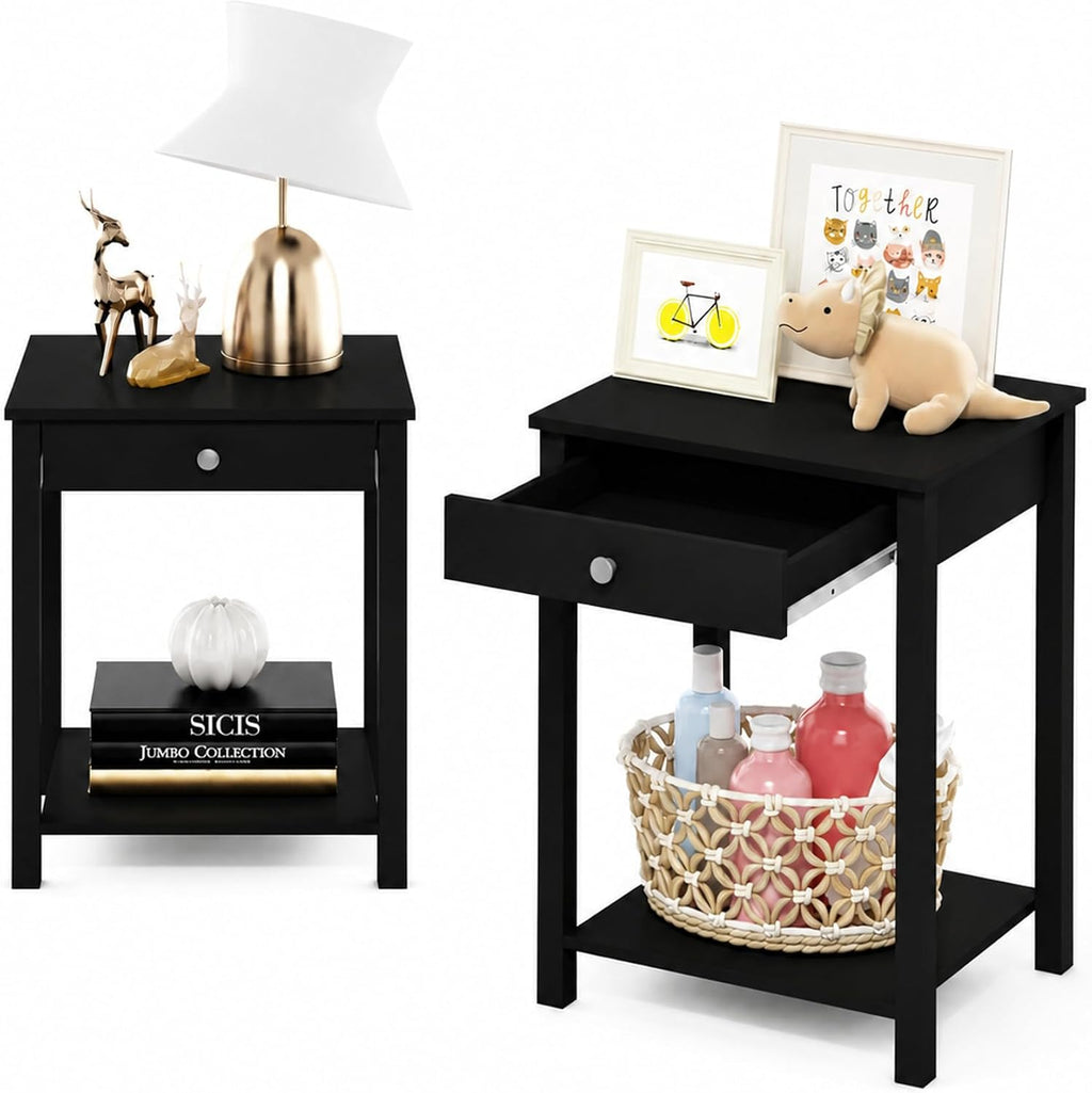 Furinno Classic Side Table Set of 2, 2-Tier Modern End Table with Small Drawer and Open Shelf, Night Stand, Bedside Table, for Living Room, Bedroom, Dark Americano