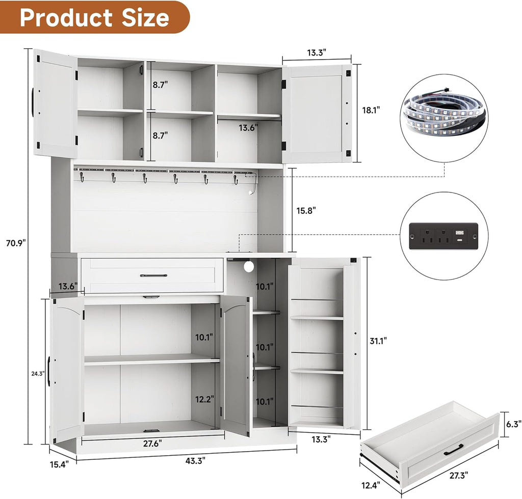 71” Tall Kitchen Pantry Cabinet with LED Light & Outlet & Drawer, Pantry Storage Cabinet with Microwave Shelf & 6 Hooks, Kitchen Hutch with Door Shelves & Adjustable Shelves, for Dining Room