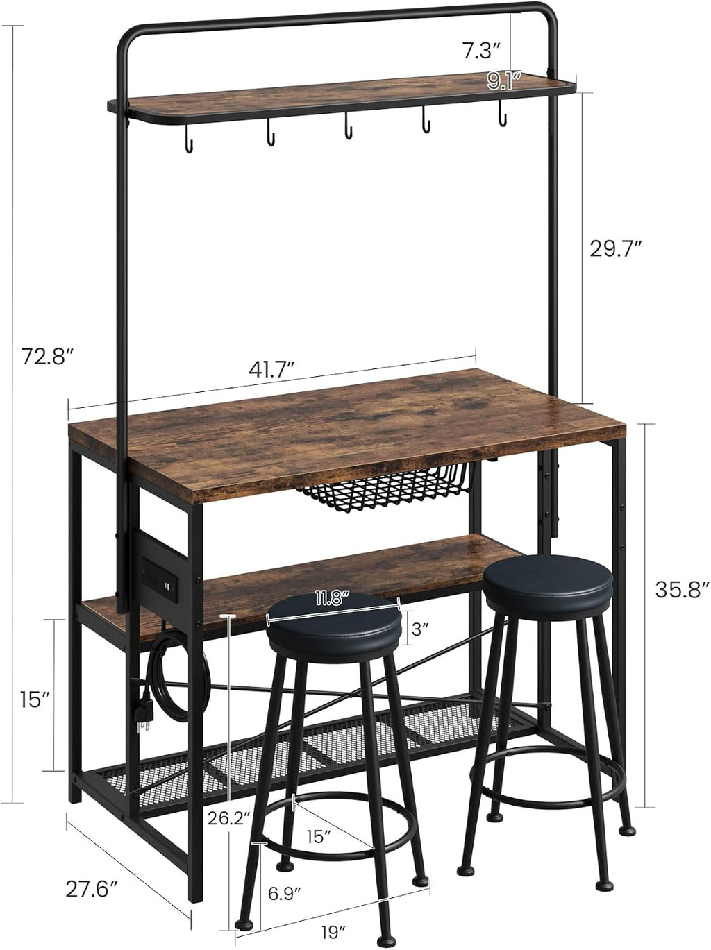 Garvee 3-Tier Small Kitchen Island with Power Outlet&2 Bar Stools, Vintage | Industrial Bakers Rack with 5 Hooks, adjustable Microwave Stand Coffee Bar Table for Dining Room, Living Room, Apartment