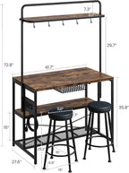 Garvee 3-Tier Small Kitchen Island with Power Outlet&2 Bar Stools, Vintage | Industrial Bakers Rack with 5 Hooks, adjustable Microwave Stand Coffee Bar Table for Dining Room, Living Room, Apartment