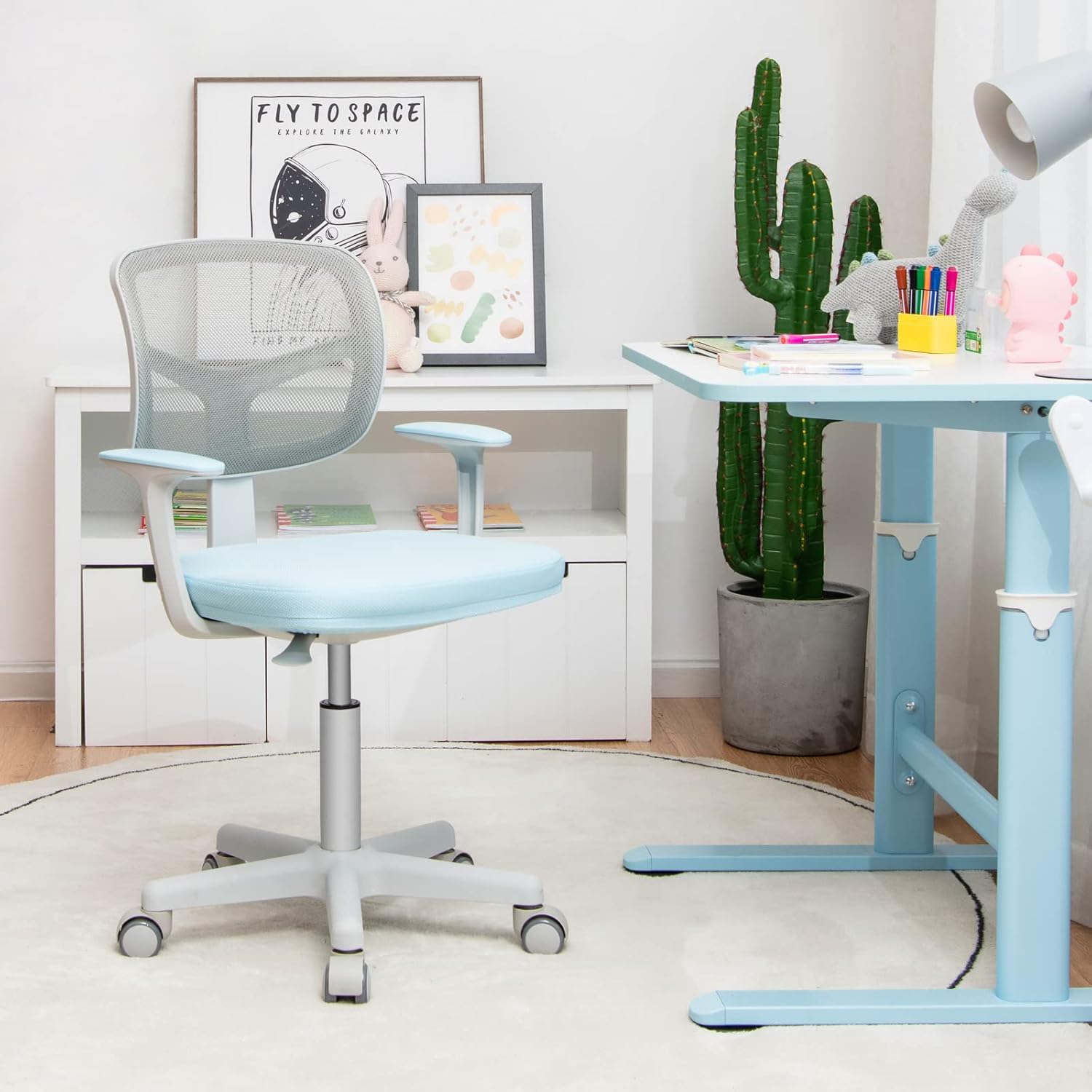 Costzon Kids Desk Chair, Adjustable Children Study Computer Chair with Arms & Wheels, Student Swivel Rolling Task Chair, Ergonomic Kids Office Chair for Boys Girls Age 4-12, Home Bedroom School, Blue
