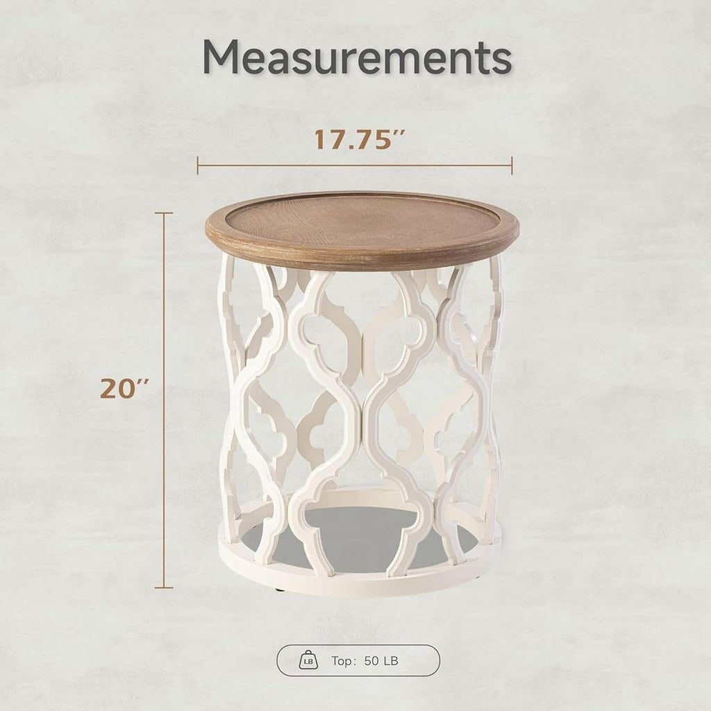 COZAYH Set of 2 Farmhouse End Table, Distressed Tray Top Side Table with Curved Motif Frame Base for Boho, Rustic, French Country, Small Space, Round, White (2 Pack)