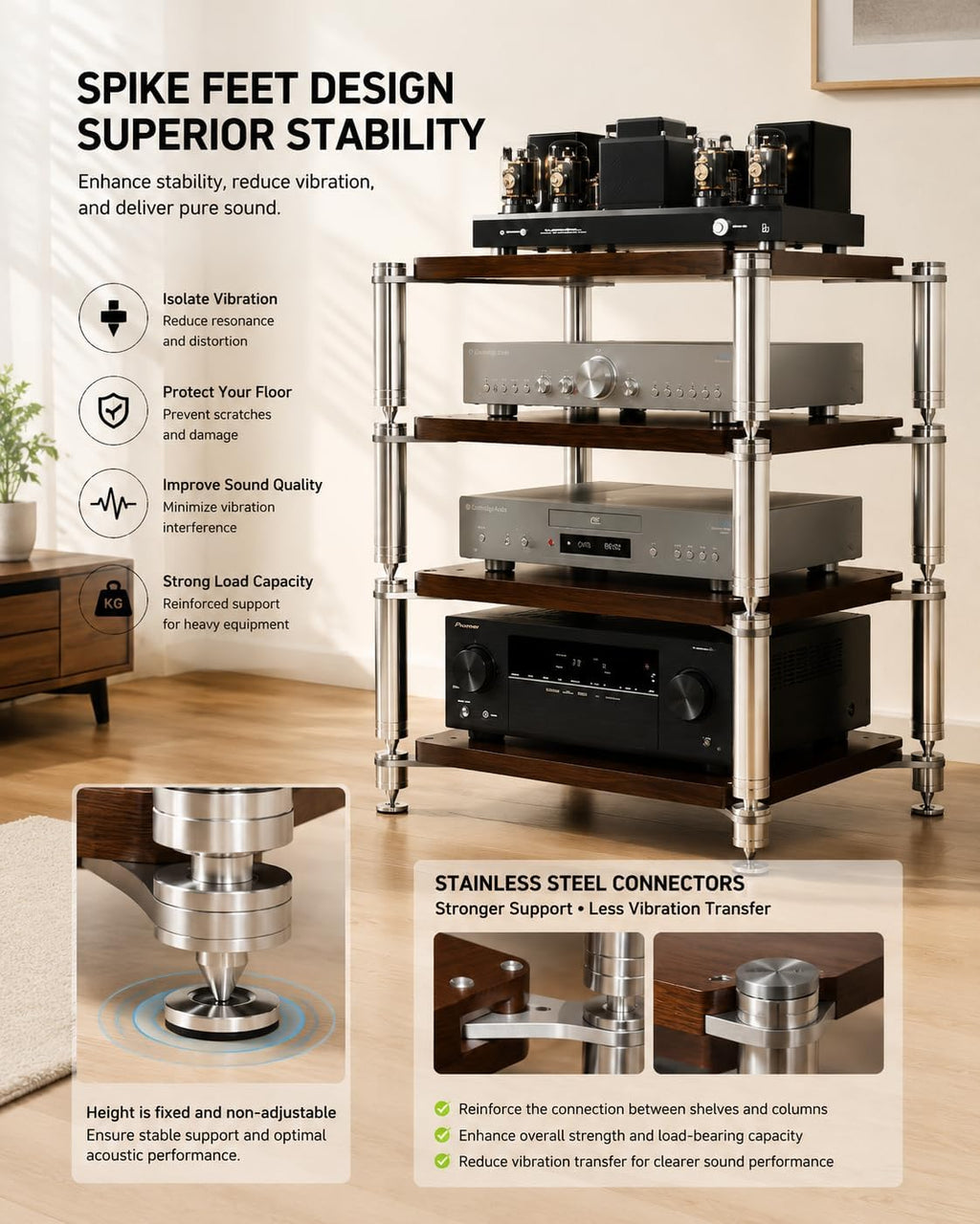 Heavy Duty AV Stand, Open Design’s Audio Racks with Shock-Absorbing Foot pegs, Strong Load-Bearing Capacity Audio Component Rack, for Offices and Recording Studios (Black Walnut, 3-Tier)