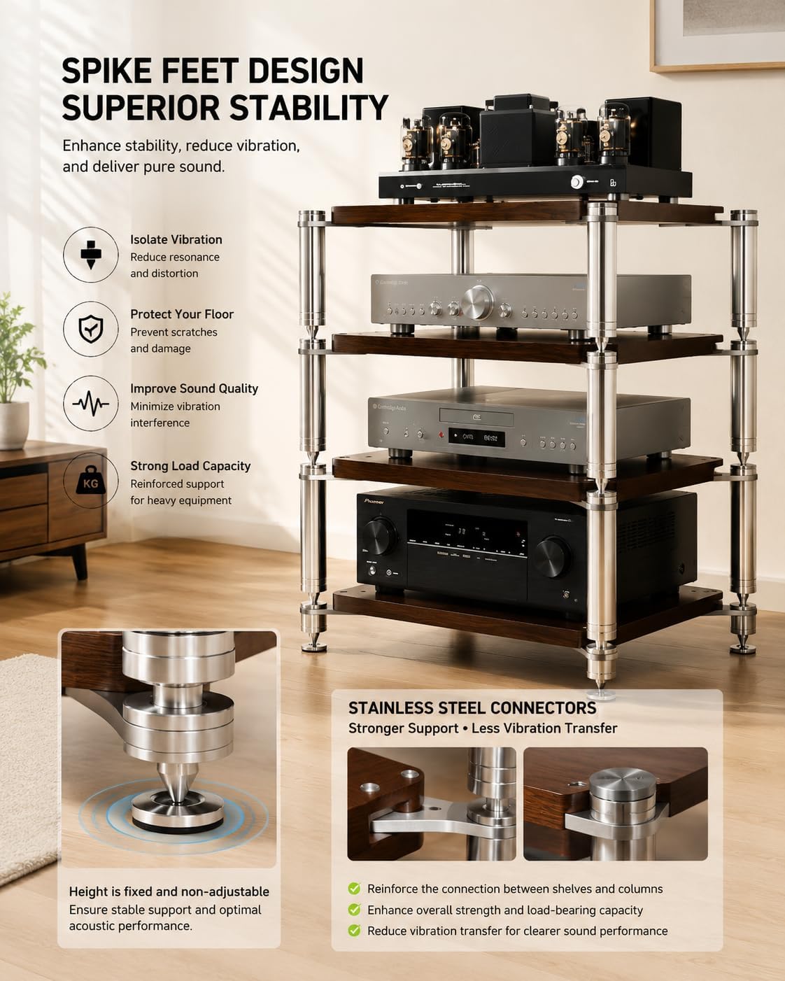Heavy Duty AV Stand, Open Design’s Audio Racks with Shock-Absorbing Foot pegs, Strong Load-Bearing Capacity Audio Component Rack, for Offices and Recording Studios (Black Walnut, 3-Tier)