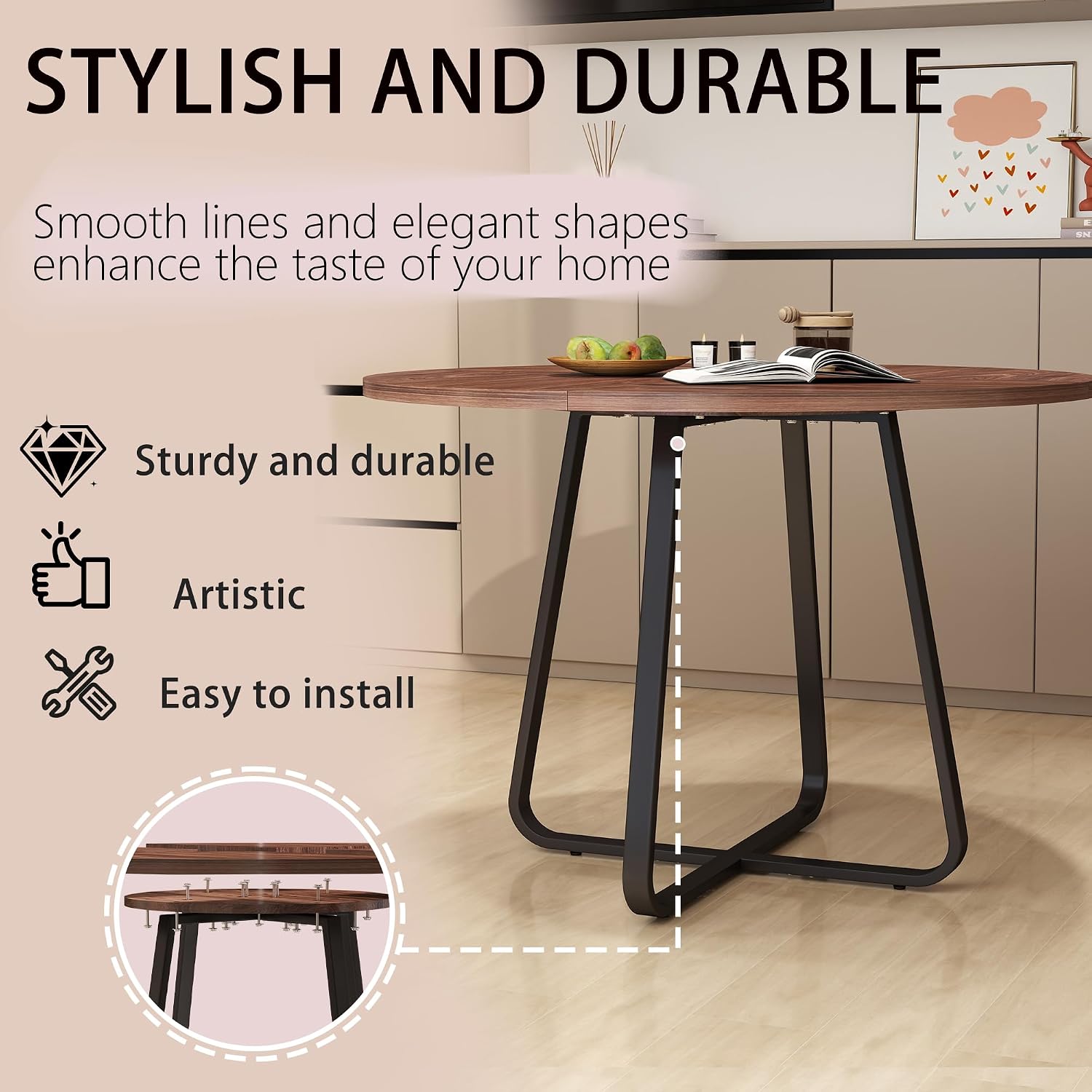 43.31'' Round Dining Table, Wood Kitchen Table with Metal X-Shaped Base, Kitchen Dining Room Circle Dinner Pedestal Table, Space Saving Industrial Circle Coffee Table for Home Living Room Furniture