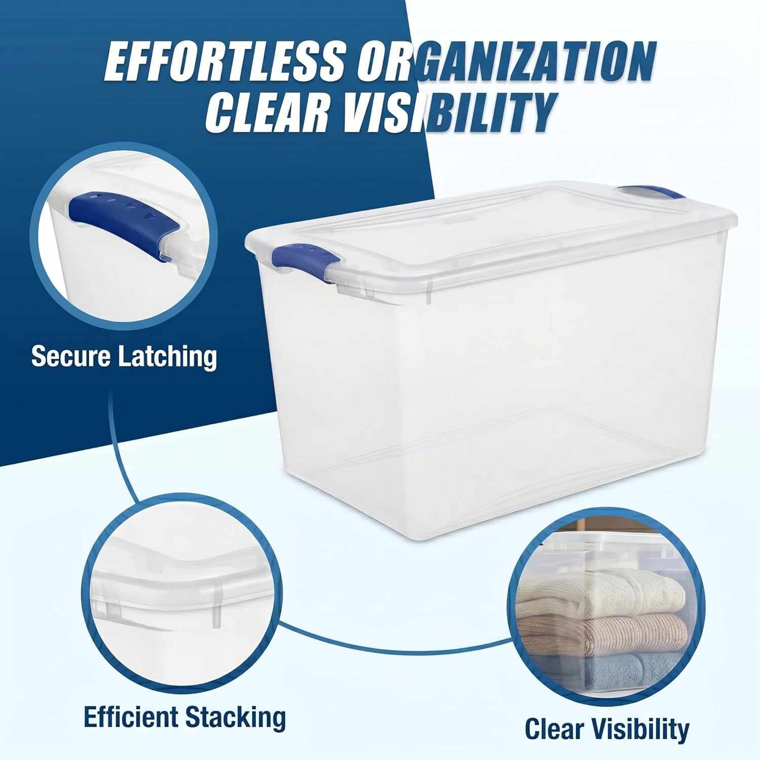66 Quart Clear Plastic Storage Bins with Latching Lids, Large Stackable Container Boxes for Home, Closet, and Garage Organization, Blue Latch