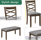 Dining Table Set, Wooden Kitchen Table Set with Rectangular Table, 4 Flat X Backrest Upholstered Chairs & a Bench, Table and Chairs with Non-Slip Feetmats for 6 People, Living Room, Walnut