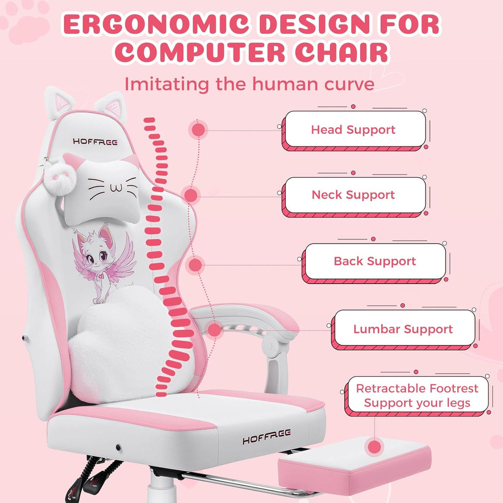 HOFFREE Pink Gaming Chair with Cat Ears and Cloud Massage Lumbar Ergonomic Cute Computer Chair for Girls with Footrest Comfortable Reclining Game Chairs for Adults Pink and White