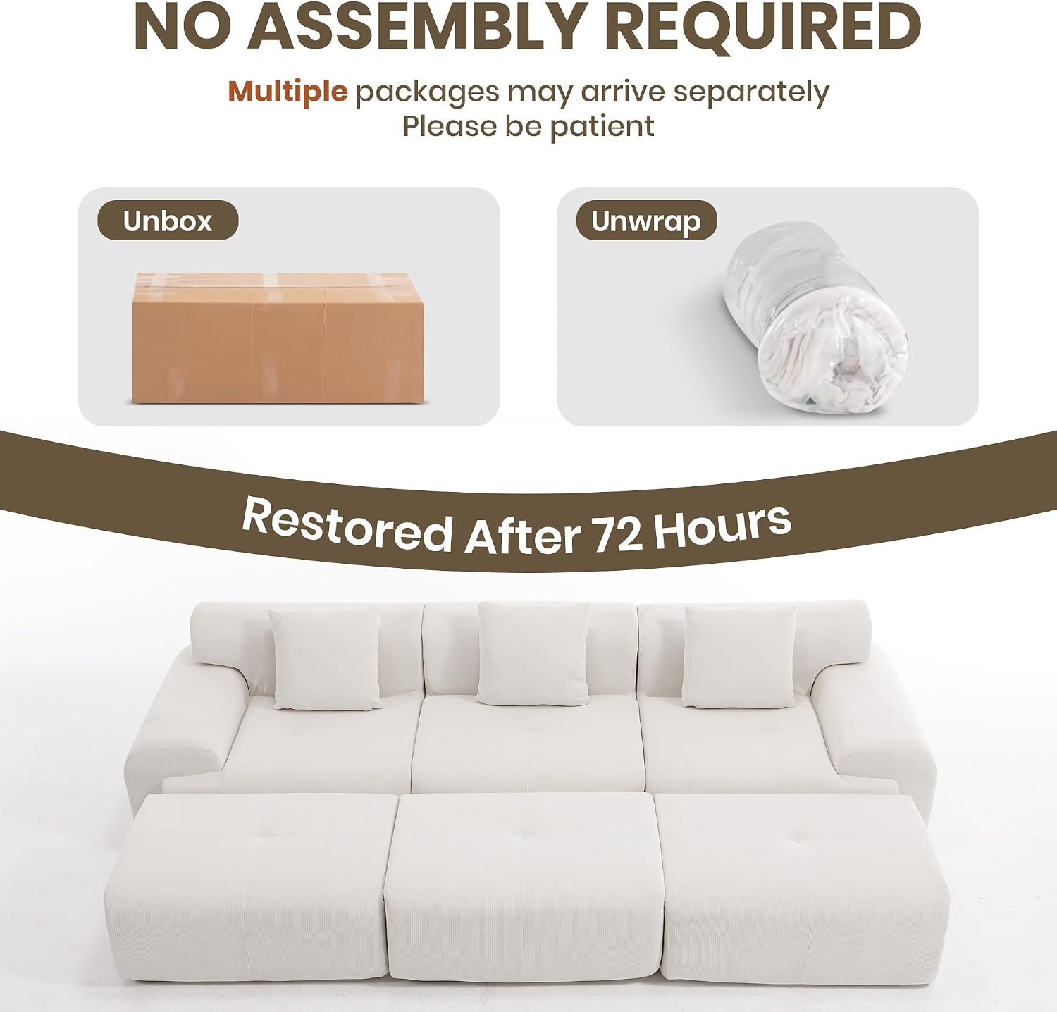 L-Shaped Boneless Modular Sectional Sofa, Boneless Sectional Couch, Oversized 3-Seater Cloud Couch with Deep Seat and Movable Ottoman for Living Room, Apartment (Beige, 3 Seater with 2 Ottoman)