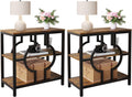 End Table Set of 2, Narrow Side Table with 3-Tier Storage Shelves, Wood Sofa Side Table with Geometric Metal Frame for Living Room, Industrial Bedside Nightstand for Bedroom (Brown)